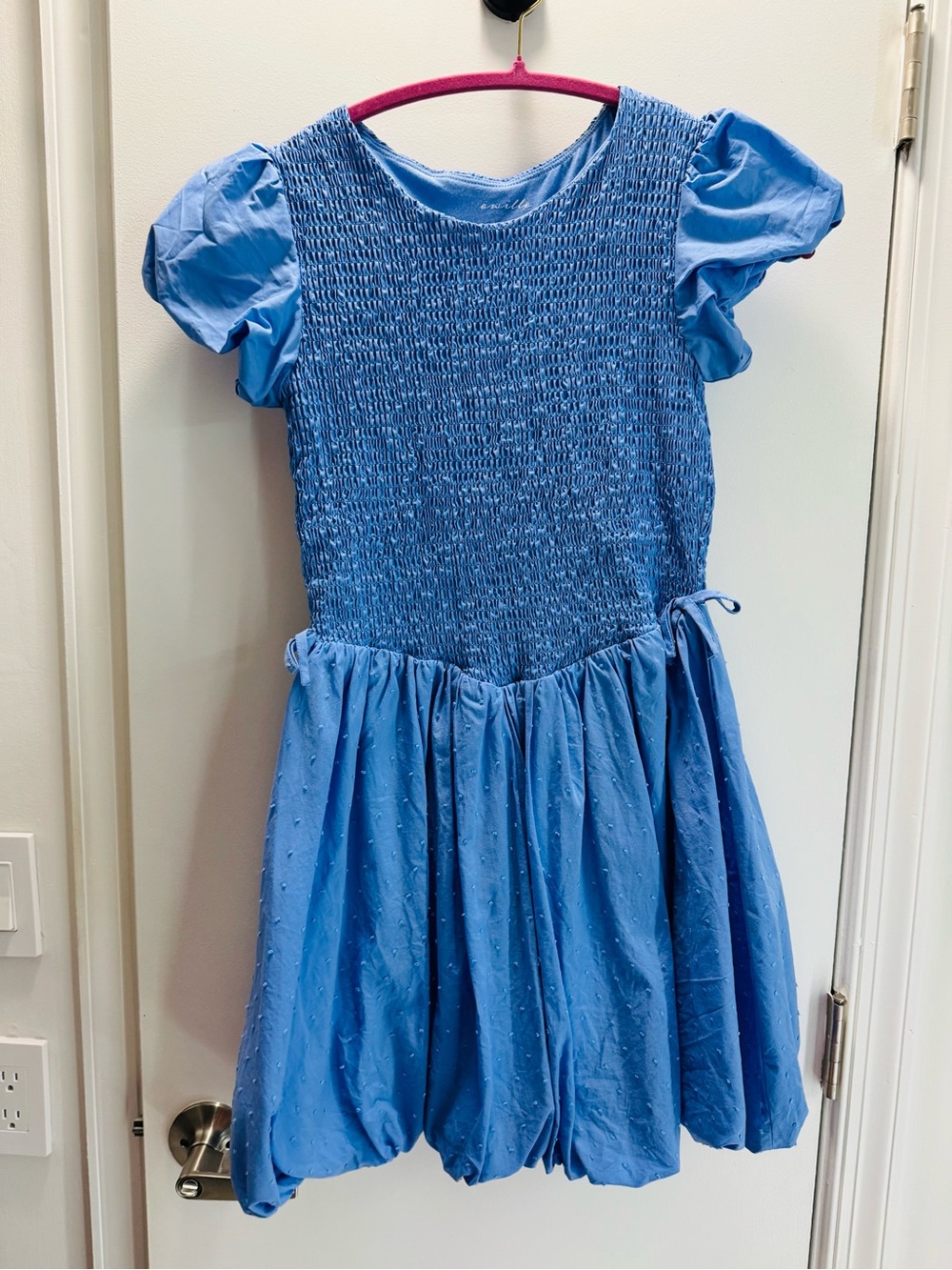 Girls' Blue Smocked Puff-Sleeve Casual Dress